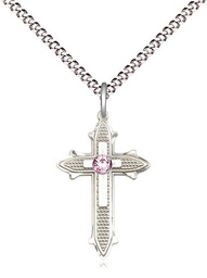 [6058SS-STN6/18S] Sterling Silver Cross on Cross Pendant with a 3mm Light Amethyst Swarovski stone on a 18 inch Light Rhodium Light Curb chain