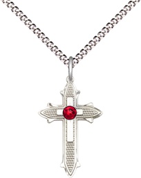 [6058SS-STN7/18S] Sterling Silver Cross on Cross Pendant with a 3mm Ruby Swarovski stone on a 18 inch Light Rhodium Light Curb chain