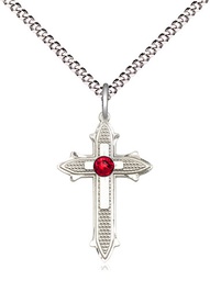 [6058SS-STN7/18S] Sterling Silver Cross on Cross Pendant with a 3mm Ruby Swarovski stone on a 18 inch Light Rhodium Light Curb chain