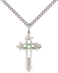 [6058SS-STN8/18S] Sterling Silver Cross on Cross Pendant with a 3mm Peridot Swarovski stone on a 18 inch Light Rhodium Light Curb chain