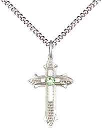 [6058SS-STN8/18S] Sterling Silver Cross on Cross Pendant with a 3mm Peridot Swarovski stone on a 18 inch Light Rhodium Light Curb chain