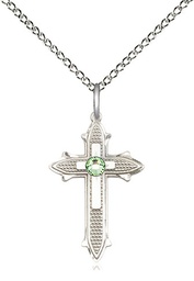 [6058SS-STN8/18SS] Sterling Silver Cross on Cross Pendant with a 3mm Peridot Swarovski stone on a 18 inch Sterling Silver Light Curb chain