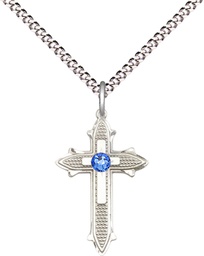 [6058SS-STN9/18S] Sterling Silver Cross on Cross Pendant with a 3mm Sapphire Swarovski stone on a 18 inch Light Rhodium Light Curb chain