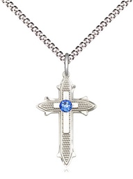 [6058SS-STN9/18S] Sterling Silver Cross on Cross Pendant with a 3mm Sapphire Swarovski stone on a 18 inch Light Rhodium Light Curb chain