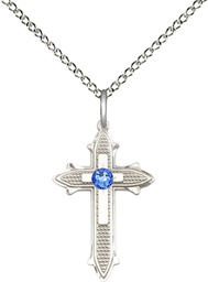 [6058SS-STN9/18SS] Sterling Silver Cross on Cross Pendant with a 3mm Sapphire Swarovski stone on a 18 inch Sterling Silver Light Curb chain