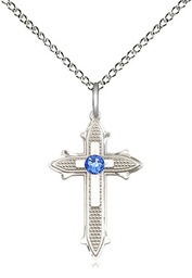 [6058SS-STN9/18SS] Sterling Silver Cross on Cross Pendant with a 3mm Sapphire Swarovski stone on a 18 inch Sterling Silver Light Curb chain