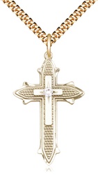 [6059GF-STN4/24G] 14kt Gold Filled Cross on Cross Pendant with a 3mm Crystal Swarovski stone on a 24 inch Gold Plate Heavy Curb chain