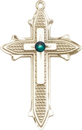 [6059KT-STN5] 14kt Gold Cross on Cross Medal with a 3mm Emerald Swarovski stone