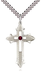 [6059SS-STN1/24S] Sterling Silver Cross on Cross Pendant with a 3mm Garnet Swarovski stone on a 24 inch Light Rhodium Heavy Curb chain