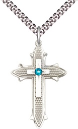 [6059SS-STN12/24S] Sterling Silver Cross on Cross Pendant with a 3mm Zircon Swarovski stone on a 24 inch Light Rhodium Heavy Curb chain