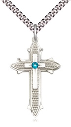 [6059SS-STN12/24S] Sterling Silver Cross on Cross Pendant with a 3mm Zircon Swarovski stone on a 24 inch Light Rhodium Heavy Curb chain