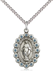 [2009ASS/18S] Sterling Silver Miraculous Pendant with Aqua Swarovski stones on a 18 inch Light Rhodium Light Curb chain