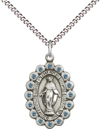 [2009ASS/18S] Sterling Silver Miraculous Pendant with Aqua Swarovski stones on a 18 inch Light Rhodium Light Curb chain