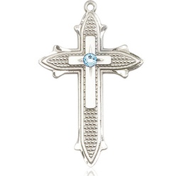 [6059SS-STN3] Sterling Silver Cross on Cross Medal with a 3mm Aqua Swarovski stone