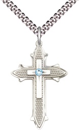 [6059SS-STN3/24S] Sterling Silver Cross on Cross Pendant with a 3mm Aqua Swarovski stone on a 24 inch Light Rhodium Heavy Curb chain