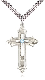 [6059SS-STN3/24S] Sterling Silver Cross on Cross Pendant with a 3mm Aqua Swarovski stone on a 24 inch Light Rhodium Heavy Curb chain