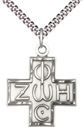 [6074SS/24S] Sterling Silver Light &amp; Life Cross Pendant on a 24 inch Light Rhodium Heavy Curb chain