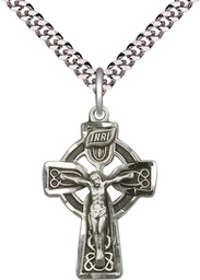 [5684SS/24S] Sterling Silver Celtic Crucifix Pendant on a 24 inch Light Rhodium Heavy Curb chain