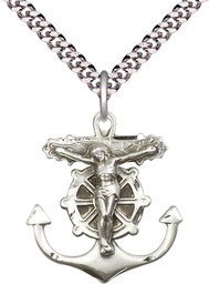 [5685SS/24S] Sterling Silver Anchor Crucifix Pendant on a 24 inch Light Rhodium Heavy Curb chain