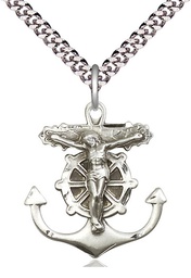 [5685SS/24S] Sterling Silver Anchor Crucifix Pendant on a 24 inch Light Rhodium Heavy Curb chain