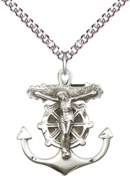 [5685SS/24SS] Sterling Silver Anchor Crucifix Pendant on a 24 inch Sterling Silver Heavy Curb chain