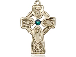 [5689GF-STN5] 14kt Gold Filled Celtic Cross w/ Emerald Stone Medal with a 3mm Emerald Swarovski stone