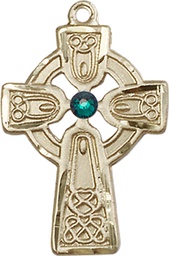 [5689GF-STN5] 14kt Gold Filled Celtic Cross w/ Emerald Stone Medal with a 3mm Emerald Swarovski stone