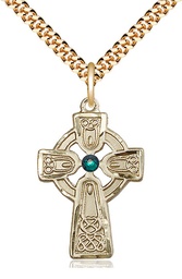 [5689GF-STN5/24G] 14kt Gold Filled Celtic Cross w/ Emerald Stone Pendant with a 3mm Emerald Swarovski stone on a 24 inch Gold Plate Heavy Curb chain