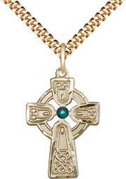 [5689GF-STN5/24G] 14kt Gold Filled Celtic Cross w/ Emerald Stone Pendant with a 3mm Emerald Swarovski stone on a 24 inch Gold Plate Heavy Curb chain