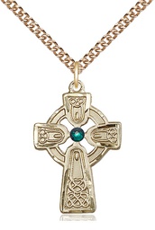 [5689GF-STN5/24GF] 14kt Gold Filled Celtic Cross w/ Emerald Stone Pendant with a 3mm Emerald Swarovski stone on a 24 inch Gold Filled Heavy Curb chain