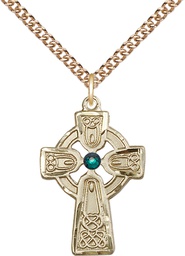 [5689GF-STN5/24GF] 14kt Gold Filled Celtic Cross w/ Emerald Stone Pendant with a 3mm Emerald Swarovski stone on a 24 inch Gold Filled Heavy Curb chain