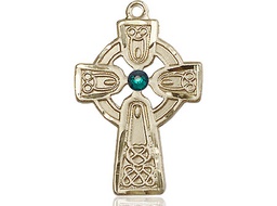 [5689KT-STN5] 14kt Gold Celtic Cross w/ Emerald Stone Medal with a 3mm Emerald Swarovski stone