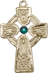 [5689KT-STN5] 14kt Gold Celtic Cross w/ Emerald Stone Medal with a 3mm Emerald Swarovski stone