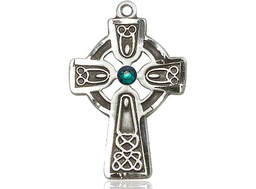 [5689SS-STN5] Sterling Silver Celtic Cross w/ Emerald Stone Medal with a 3mm Emerald Swarovski stone