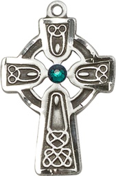 [5689SS-STN5] Sterling Silver Celtic Cross w/ Emerald Stone Medal with a 3mm Emerald Swarovski stone