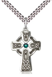 [5689SS-STN5/24S] Sterling Silver Celtic Cross w/ Emerald Stone Pendant with a 3mm Emerald Swarovski stone on a 24 inch Light Rhodium Heavy Curb chain