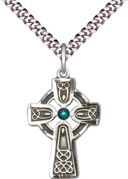 [5689SS-STN5/24S] Sterling Silver Celtic Cross w/ Emerald Stone Pendant with a 3mm Emerald Swarovski stone on a 24 inch Light Rhodium Heavy Curb chain