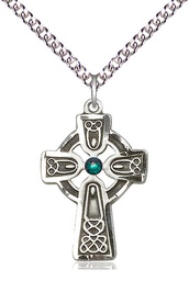 [5689SS-STN5/24SS] Sterling Silver Celtic Cross w/ Emerald Stone Pendant with a 3mm Emerald Swarovski stone on a 24 inch Sterling Silver Heavy Curb chain