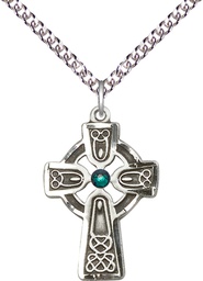 [5689SS-STN5/24SS] Sterling Silver Celtic Cross w/ Emerald Stone Pendant with a 3mm Emerald Swarovski stone on a 24 inch Sterling Silver Heavy Curb chain