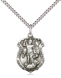 [5692SS/18S] Sterling Silver Saint Michael the Archangel Shield Pendant on a 18 inch Light Rhodium Light Curb chain
