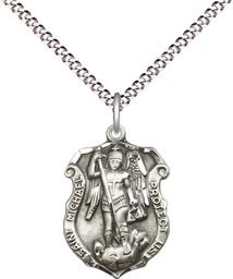 [5692SS/18S] Sterling Silver Saint Michael the Archangel Shield Pendant on a 18 inch Light Rhodium Light Curb chain