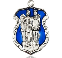 [5694ESS] Sterling Silver Saint Michael the Archangel Police Shield Medal