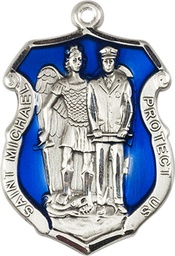 [5694ESS] Sterling Silver Saint Michael the Archangel Police Shield Medal