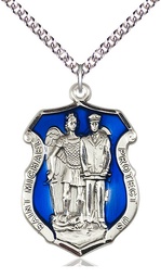 [5694ESS/24SS] Sterling Silver Saint Michael the Archangel Police Shield Pendant on a 24 inch Sterling Silver Heavy Curb chain