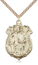 [5694GF/24GF] 14kt Gold Filled Saint Michael the Archangel Police Shield Pendant on a 24 inch Gold Filled Heavy Curb chain