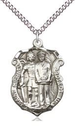 [5694SS/24SS] Sterling Silver Saint Michael the Archangel Police Shield Pendant on a 24 inch Sterling Silver Heavy Curb chain
