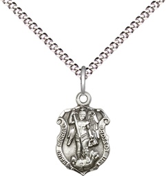 [5699SS/18S] Sterling Silver Saint Michael the Archangel Shield Pendant on a 18 inch Light Rhodium Light Curb chain