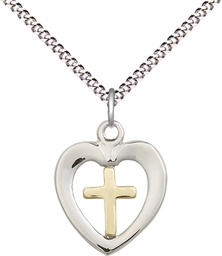 [4247GF/SS/18S] Two-Tone GF/SS Heart Cross Pendant on a 18 inch Light Rhodium Light Curb chain