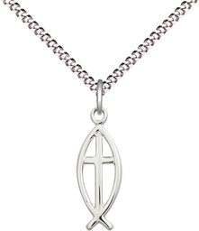 [4251SS/18S] Sterling Silver Fish Cross Pendant on a 18 inch Light Rhodium Light Curb chain