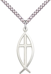 [4252SS/24SS] Sterling Silver Fish Cross Pendant on a 24 inch Sterling Silver Heavy Curb chain